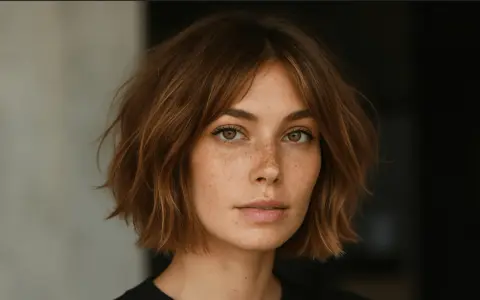 Mujer con pecas y un corte de pelo estilo italian bob, con ondas naturales y flequillo desordenado.