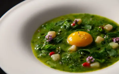 Un uovo dorato in una crema verde brillante, con cubetti bianchi e fiori viola. Un'idea di cosa mangiare a Viterbo, un piatto raffinato.