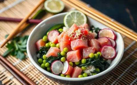 Un délicieux poke bowl avec du thon cru, des petits pois, des radis, des algues et du riz. Une recette fraîche et colorée.