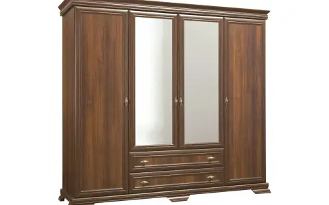 Elegancka szafa kora ks3 z lustrami i szufladami, wykonana z drewna w kolorze orzecha.