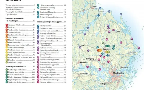 Karta över vandringsleder i Uppsala och omnejd. Här finns allt från stadsnära promenader till längre turer i vildmarken.