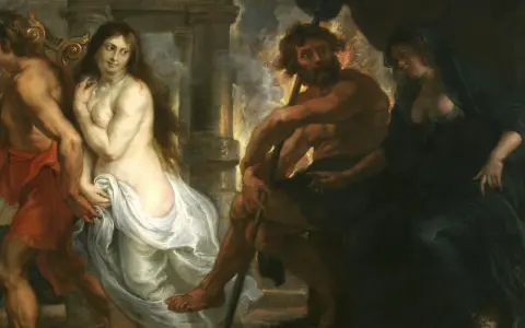 Orfeusz prowadzi Eurydykę przez Hades. Władca podziemia, Hades, i jego żona Persefona obserwują ich odejście.