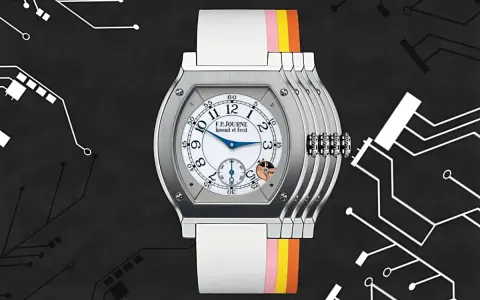 Orologio F.P.Journe con cinturino colorato e quadrante bianco. Il suo significato, come un quarzo, è precisione e innovazione nel tempo.