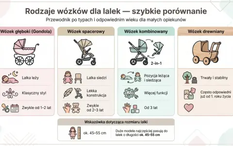 Porównanie wózków dla lalek: klasyczna gondola, spacerówka, kombi i drewniany. Wymiary gondoli i innych modeli pasują do lalek 45-55 cm.