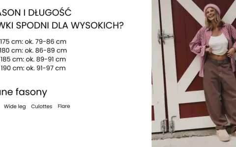 Modelka w brązowych, luźnych spodniach, które wyglądają na za długie. Wskazówki dotyczące długości nogawek dla wysokich osób.