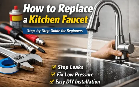 Learn how to replace a kitchen faucet with this step-by-step guide. Tools and a new faucet are shown, ready for an easy DIY installation.
