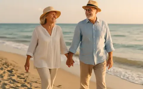 Szczęśliwa para seniorów spaceruje po plaży, trzymając się za ręce. Ich uśmiechy i stroje sugerują, że znaleźli sposób, jak być samowystarczalnym i cieszyć się życiem.
