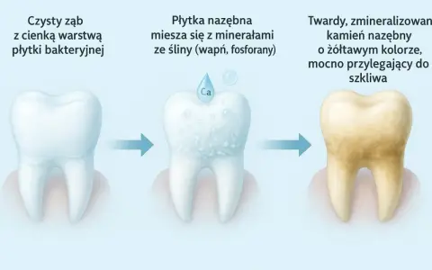 Proces powstawania kamienia nazębnego: od czystego zęba, przez płytkę nazębną mieszającą się z minerałami, aż do żółtego, twardego kamienia nazębnego.