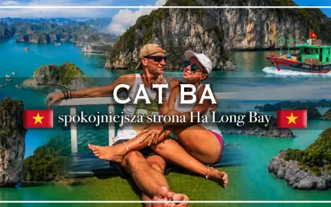 Para na tle malowniczego Cat Ba, spokojniejszej strony Ha Long Bay.