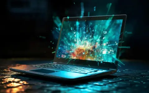 Laptop z eksplodującym ekranem, pełnym kolorowych danych. Czy Steam jest bezpieczny? Obraz sugeruje, że cyfrowy świat może być nieprzewidywalny.
