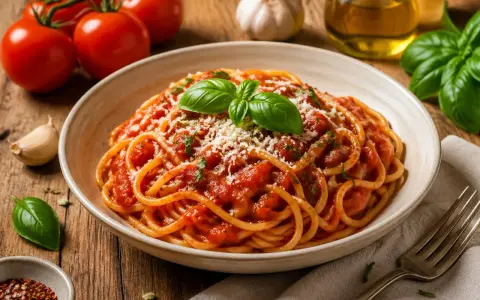 Talerz spaghetti z sosem pomidorowym, posypany parmezanem i udekorowany bazylią.