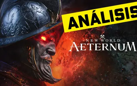 Un guerrero con ojos llameantes y un casco ornamentado, listo para explorar un nuevo mundo. El título "New World Aeternum" y "Análisis" resaltan.