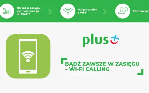 Grafika przedstawia ikonę telefonu z symbolem Wi-Fi, logo Plus oraz hasło "Bądź zawsze w zasięgu - Wi-Fi Calling".