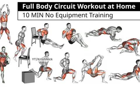 Männliche Figur zeigt Übungen für ein 10 min hiit workout zu Hause. Verschiedene Körperhaltungen, darunter Hampelmänner, Ausfallschritte und Planks.