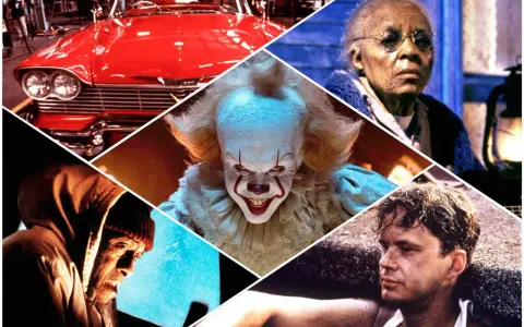Kolaż scen z filmów na podstawie prozy Stephena Kinga: przerażający klaun Pennywise, czerwony samochód, starsza kobieta, mężczyzna w kapturze i młody chłopak.