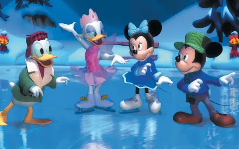 Myszka Miki, Kaczor Donald, Daisy i Minnie na lodowisku, jak w świąteczne bajki animowane.