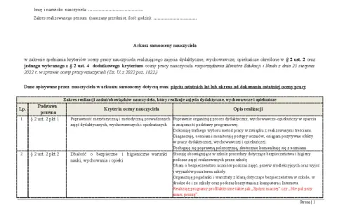 Arkusz samooceny nauczyciela zgodny z rozporządzeniem w sprawie oceny pracy nauczyciela.