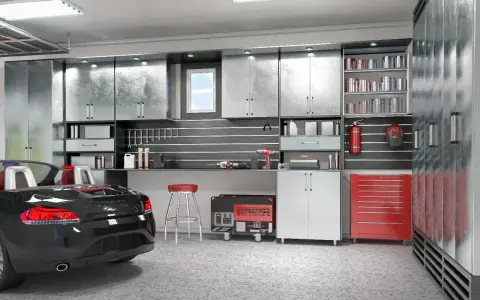 Aménagement garage 15m2 : voiture de sport noire, armoires métalliques, outils, générateur et tabouret rouge.