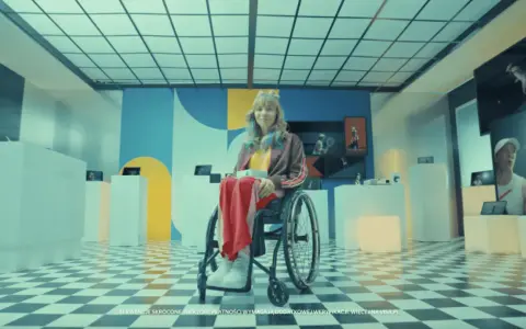 Zofia Komasa w wózku inwalidzkim, otoczona nowoczesnymi ekspozycjami, z kolorowym tłem i charakterystyczną podłogą w szachownicę.