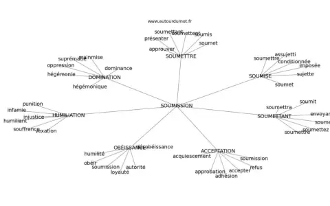 Carte mentale explorant les synonymes de "soumission" : domination, humiliation, obéissance, acceptation, soumise, assujetti.
