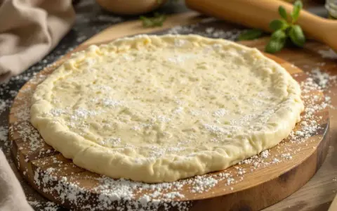 Pâte à pizza prête à être garnie, issue d'une recette de pâte à pizza levure boulanger. La farine est saupoudrée sur la planche en bois.
