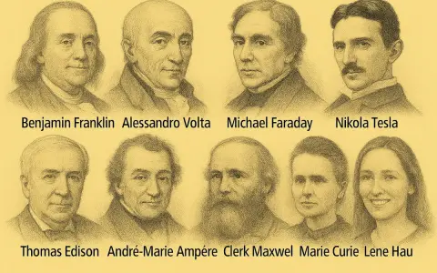 Retratos de personajes de la edad moderna: Benjamin Franklin, Alessandro Volta, Michael Faraday, Nikola Tesla, Thomas Edison, André-Marie Ampère, Clerk Maxwell, Marie Curie y Lene Hau.