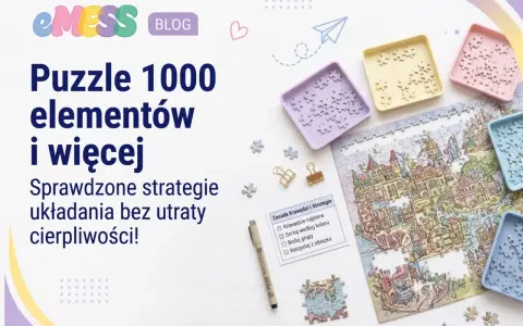 Strategie układania puzzli 1000 elementów i więcej. Kolorowe tacki z elementami, częściowo ułożony obrazek miasta.