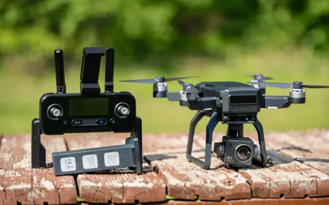 A drone with a 4K camera sits on a wooden table next to its controller and a spare battery, ready for its next follow drone adventure.