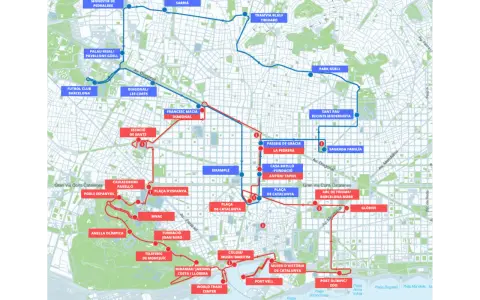 Barcelona hop on hop off route map showing blue and red lines connecting major attractions like Park Güell, Sagrada Familia, and the Magic Fountain.