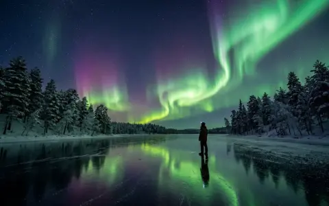 En person står på en isbelagd sjö i svenska Lappland och ser norrskenet dansa över himlen.