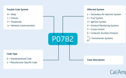 Diagram explaining OBD2 codes, focusing on P0782, its affected transmission system, and code type.