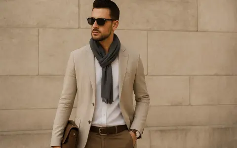 Uomo elegante casual con blazer beige, sciarpa grigia, occhiali da sole e borsa in pelle.