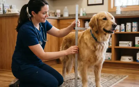 Vétérinaire mesurant la taille au garrot d'un golden retriever dans une clinique.