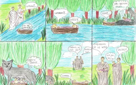 Komiks o porzuconych bliźniakach, które ratuje wilczyca. Pokazuje, co można narysować na kartce, tworząc opowieść.