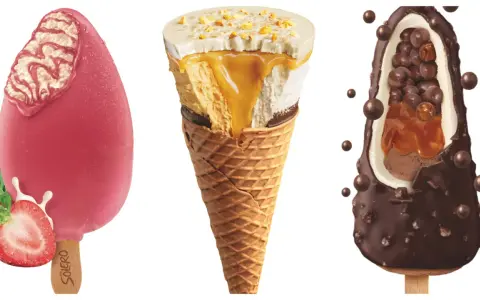Tre läckra glassnyheter 2026: en rosa Solero med jordgubb, en våffla med karamell och nötter, samt en chokladglass med krispiga kulor.