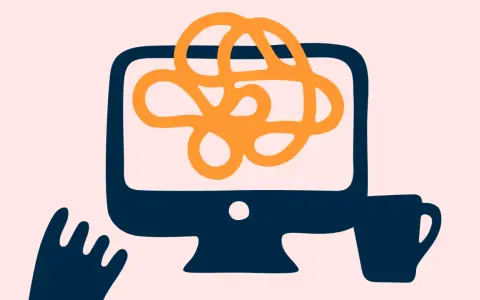En person med en hand som sträcker sig mot en dator där en orange trassel symboliserar att hen klarar inte av att jobba. En mugg står bredvid.
