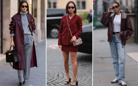 Tre look eleganti con il color vinaccia: trench in pelle, tailleur e giacca biker. Abbinamenti vestiti che esaltano la tonalità profonda.