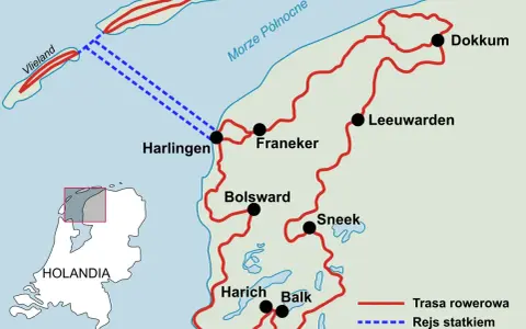 Mapa tras rowerowych i rejsów statkiem po wyspach fryzyjskich w Holandii, w tym Vlieland i Terschelling.