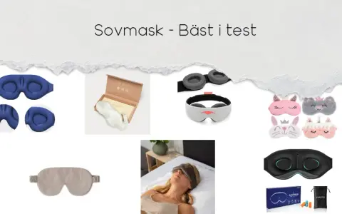 En samling sovmasker, inklusive en lyxig sovmask i satin, en blå 3D-sovmask och flera roliga djurmasker.