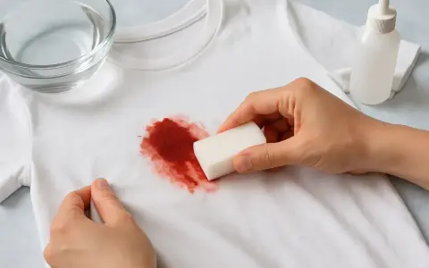 Manos aplicando un producto con una esponja para quitar manchas de sangre secas de una camiseta blanca.