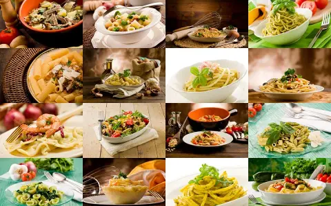 Kolorowy kolaż potraw, każdy talerz to pyszny włoski obiad. Od klasycznego spaghetti po dania z owocami morza i warzywami.