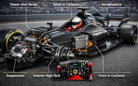 Dettagli di una macchina monoposto: telaio in carbonio, power unit ibrida, aerodinamica, sospensioni, freni in carbonio e volante high-tech.