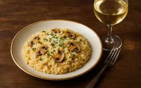Kremowe risotto z grzybami i kieliszek białego wina. Idealne połączenie, jeśli zastanawiasz się, jakie wino do risotto.