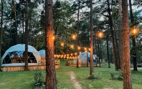 Nastrojowe **glamping w Polsce**. Kopuły mieszkalne w lesie, oświetlone girlandą żarówek.