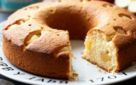 Gâteau rond aux pommes, idéal pour bébé, sans sucre ajouté. Une tranche est coupée, révélant la texture moelleuse et les morceaux de pomme.