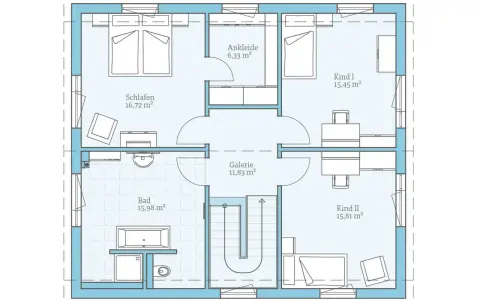 Grundriss mit Schlafzimmer, Bad, Ankleide und zwei Kinderzimmern. Der begehbare Kleiderschrank ist Teil des Schlafbereichs.