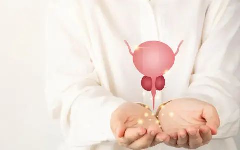 Dłonie trzymające symbol prostaty, nawiązanie do łagodnego przerostu prostaty u psa.