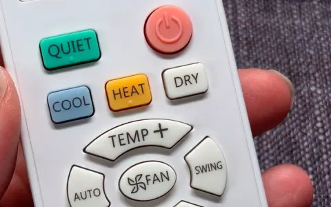 Mando a distancia de aire acondicionado con botón "DRY" visible. Ideal para días húmedos.