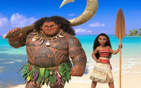 Maui i Moana, postacie z bajek Disneya dziewczyny, stoją na plaży. Maui ma hak, a Moana wiosło.