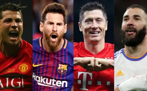 Ronaldo, Messi, Lewandowski y Benzema, cuatro leyendas de la Champions League, celebran sus triunfos.